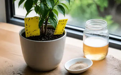 Pièges jaunes collants pour moucherons sur une plante, à côté d'un bocal de liquide et d'une coupelle de bicarbonate.