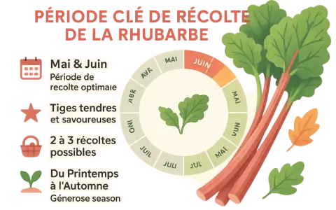 Période clé de récolte de la rhubarbe : Mai et Juin pour des tiges tendres et savoureuses. Profitez de cette généreuse saison !
