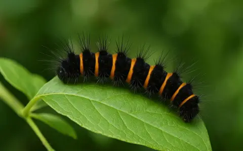 Une noctuelle petite chenille noire sans poil, aux rayures orange vif, se promène sur une feuille verte.
