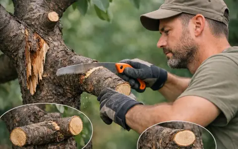 Un homme effectue la taille d'un cerisier, coupant une branche avec une scie. Gros plan sur les coupes nettes.