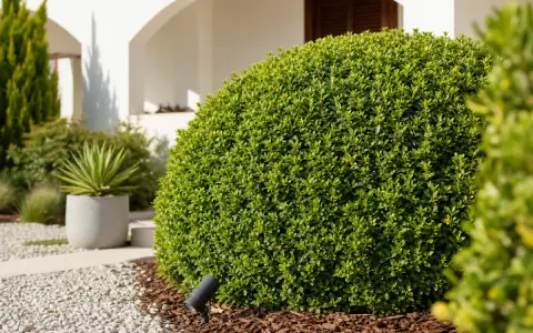 Un pittosporum bien taillé, prêt pour l'été. Un éclairage discret souligne sa forme arrondie.