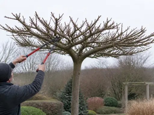 Un homme taille un mûrier platane avec des sécateurs. L'arbre est en forme de parasol, ses branches nues s'étendent vers le ciel gris.