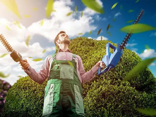 Un jardinier, pensif, tient deux taille-haies, prêt à savoir quand tailler les haies. Le ciel bleu et les feuilles volantes créent une scène idyllique.