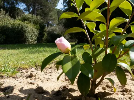 Un bouton de camélia fleur rose pâle se dresse sur sa tige verte, prêt à éclore dans un jardin ensoleillé.