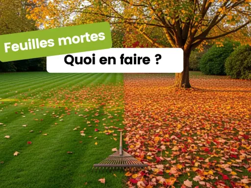 Un râteau attend patiemment sur une pelouse parsemée de feuilles mortes. L'automne est là, prêt à nous faire ramasser les feuilles mortes.