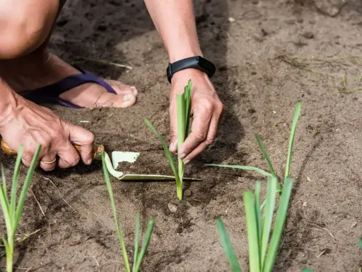 Mains plantant des poireaux dans la terre. C'est le bon moment pour savoir quand planter les poireaux d'hiver.