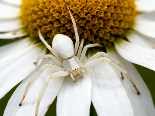 Une araignée blanche, camouflée sur une marguerite, attend patiemment sa proie.