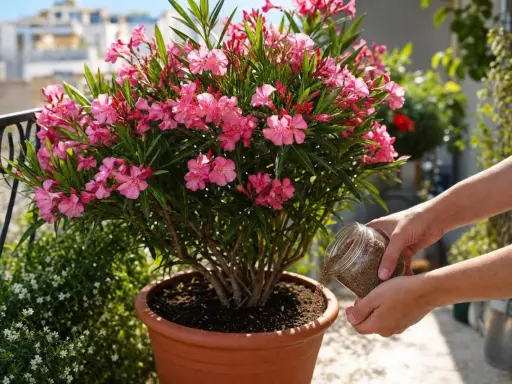 Un magnifique laurier rose en pot, orné de fleurs roses éclatantes, reçoit des nutriments pour une croissance saine sur un balcon ensoleillé.