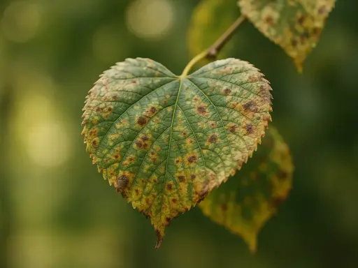 Feuille de tilleul atteinte de taches brunes, symptôme d'une maladie. Photos de maladie du tilleul.