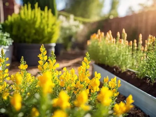 Des fleurs jaunes vives, des genêts, s'épanouissent dans un jardin ensoleillé. La taille du genet est parfaite pour ce parterre.