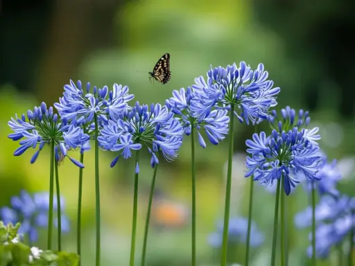 Un papillon voltige au-dessus d'une grappe de fleurs d'été bleues, capturant la beauté éphémère d'une journée ensoleillée.