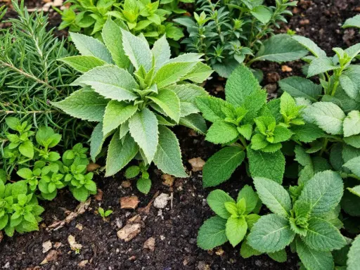 Un assortiment de plantes aromatiques vertes et luxuriantes, dont de la menthe et du romarin, poussent dans un sol riche.