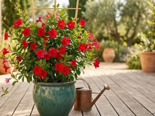 Un dipladenia en jardinière, aux fleurs rouges éclatantes, est prêt à être arrosé dans un décor méditerranéen.