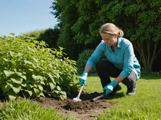 Jardinier travaillant le sol près d'une haie, peut-être pour lutter contre la renouée des oiseaux.