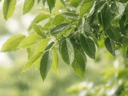 Feuilles de frêne sous la pluie, un inconvénient du frêne est sa sensibilité à l'humidité excessive qui peut favoriser les maladies fongiques.