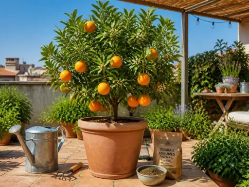 Un bel oranger en pot, chargé de fruits mûrs et de fleurs, prêt à être nourri avec de l'engrais naturel.