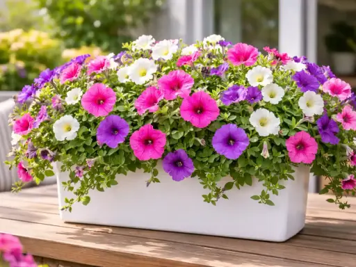 Un pot blanc débordant de pétunias surfinia aux couleurs vives : rose, violet et blanc. Ces fleurs illuminent une terrasse en bois.