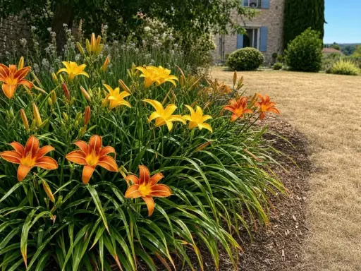 Un parterre de hémérocalles orange et jaunes, plantes vivaces qui fleurissent de mai à octobre, borde une pelouse sèche.
