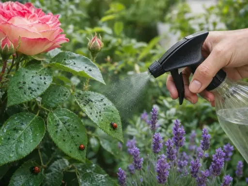 Main d'une personne pulvérisant de l'eau sur des feuilles de rosier infestées de pucerons rosier. Des coccinelles sont présentes.