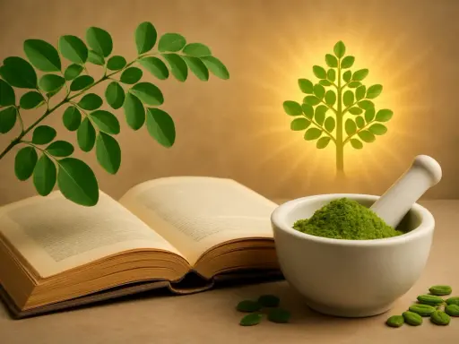 Branche de moringa plante, livre ouvert, mortier rempli de poudre verte et arbre lumineux.