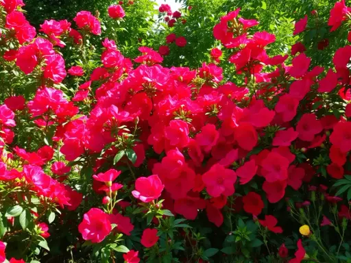 Un buisson luxuriant de plante fleur rouge extérieur, ses pétales vibrants se détachant sur le feuillage vert.