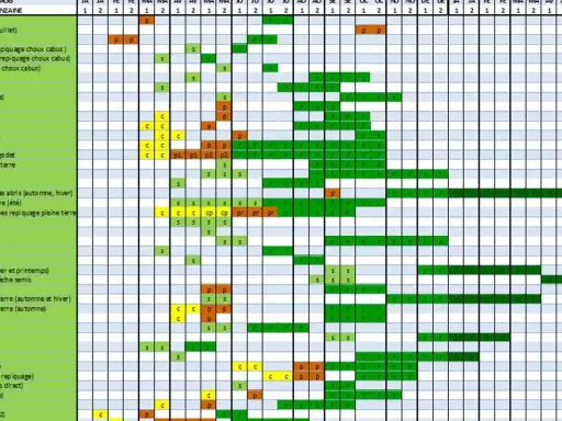 Calendrier de l'association potager : semis et plantation des légumes de janvier à décembre.