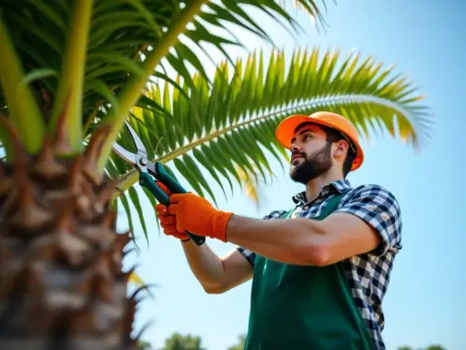 Un jardinier, casque orange et gants, utilise des sécateurs pour savoir comment tailler un palmier.
