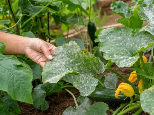 Main d'un jardinier examinant une feuille de courgette atteinte de mildiou. Des taches blanches poudreuses recouvrent la surface.