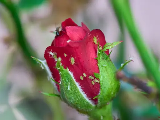 Un bouton de rose rouge envahi par des pucerons verts et blancs. Un puceron rouge est visible sur le pétale.