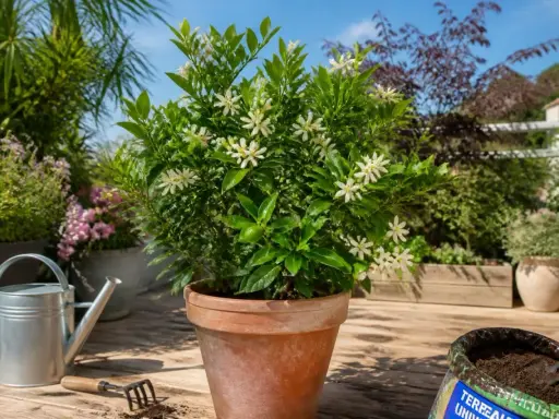 Un oranger du Mexique en pot, orné de petites fleurs blanches, sur une terrasse ensoleillée. Arrosoir et outils de jardinage à proximité.