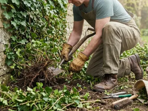 Un jardinier utilise une pelle pour déterrer un lierre envahissant. Il montre comment se débarrasser du lierre en retirant ses racines.