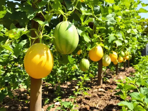 Des melons jaunes et verts pendent des vignes dans un jardin ensoleillé, un délice qui peut être considéré comme un melon fruit ou légume.