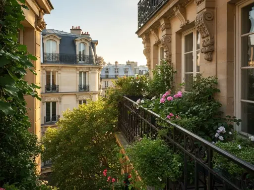 Un balcon parisien fleuri, une véritable oasis de verdure et de roses, offrant une vue sur les toits. Une belle plante balcon toute l'année.
