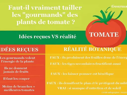 Infographie sur la taille des gourmands de plants de tomate. Elle compare idées reçues et réalité botanique, avec une tomate rouge et une flèche indiquant un gourmand.