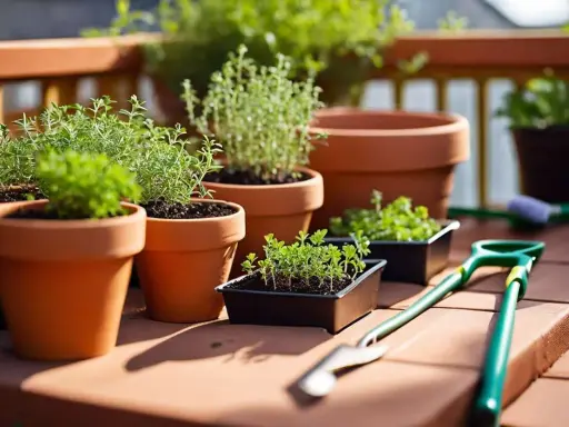 Plusieurs pots de thym en terre cuite et en plastique, prêts à être plantés sur une terrasse ensoleillée. Des outils de jardinage sont à proximité.