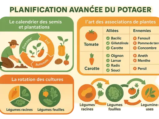 Tableau de planification du potager : calendrier des semis, associations de plantes compagnes et rotation des cultures.