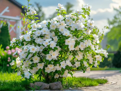 Un arbuste de seringat taille généreusement, couvert de fleurs blanches parfumées, illumine un jardin ensoleillé.