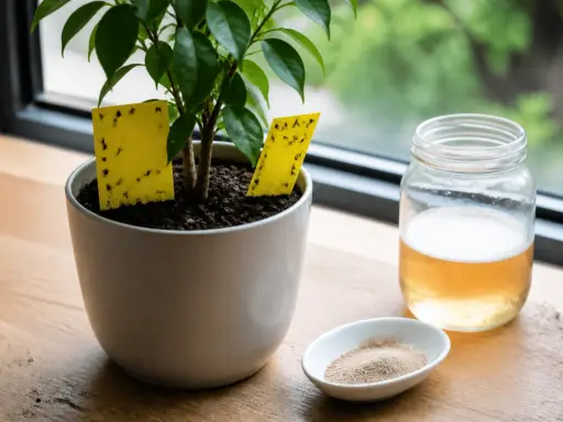 Pièges jaunes collants pour moucherons sur une plante, à côté d'un bocal de liquide et d'une coupelle de bicarbonate.