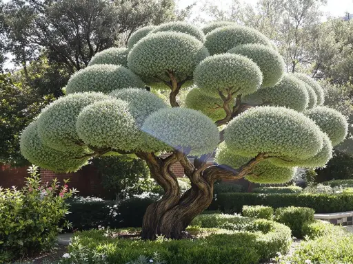 Arbre sculpté avec une taille en nuage, ses branches torsadées supportent des boules de verdure dense. Un jardin soigné l'entoure.