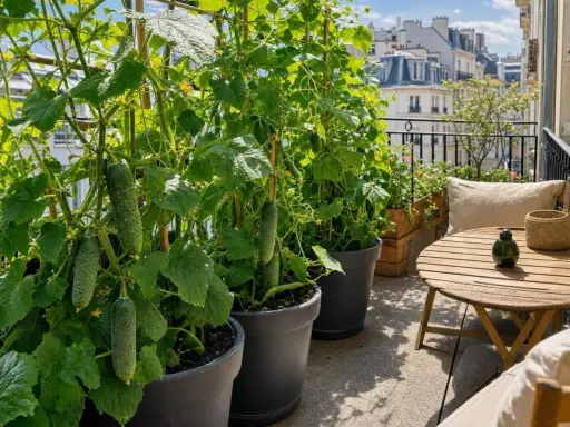 Des concombres en pot poussent sur un balcon parisien, prêts à être récoltés. Une table en bois et des coussins invitent à la détente.