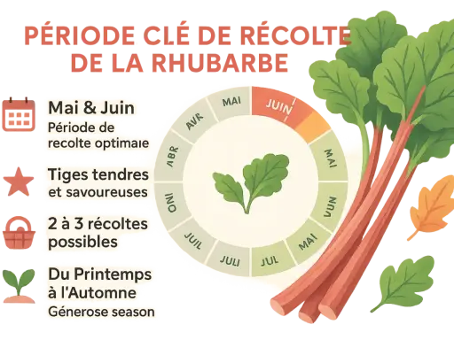 Période clé de récolte de la rhubarbe : Mai et Juin pour des tiges tendres et savoureuses. Profitez de cette généreuse saison !