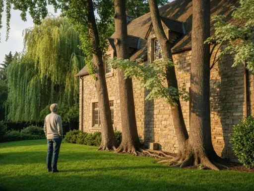 Un homme regarde un grand saule pleureur, son feuillage dense suggérant un danger caché. La maison en pierre est baignée de soleil.