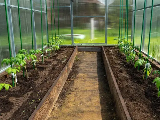 Jeunes plants de tomates dans une serre, prêts à tuteurer. Des tuteurs verts sont déjà en place pour soutenir leur croissance.
