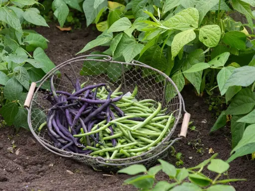 Panier de haricots verts et violets fraîchement cueillis dans une plantation de haricot vert grimpant.