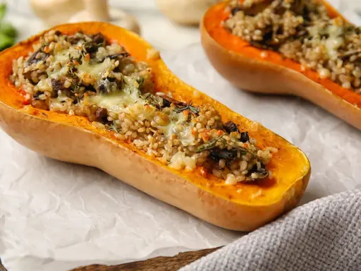 Moitié de courge butternut farcie de riz et de champignons, gratinée au fromage. Un délice qui fait oublier la différence potiron et citrouille goût.