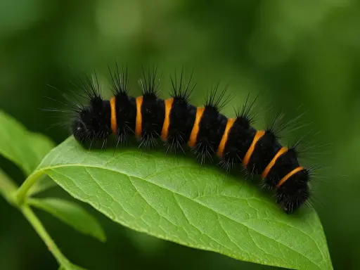 Une noctuelle petite chenille noire sans poil, aux rayures orange vif, se promène sur une feuille verte.
