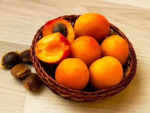 Un panier de fruits orangés, dont un coupé révélant son noyau abricot. Quelques noyaux sont dispersés à côté.