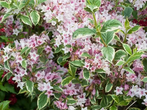 Gros plan sur un arbuste de weigelia aux fleurs roses et blanches, avec un feuillage panaché vert et blanc. Sa hauteur est idéale pour un massif.