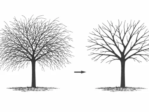 Illustration montrant un arbre touffu avant et un arbre élagué après. C'est une bonne idée pour savoir quand tailler les arbres fruitiers.