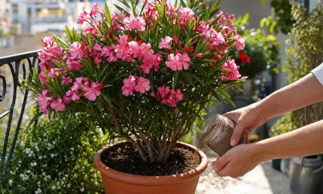 Un magnifique laurier rose en pot, orné de fleurs roses éclatantes, reçoit des nutriments pour une croissance saine sur un balcon ensoleillé.